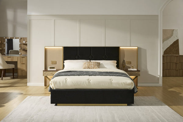 English Elm Luxurious Queen Bed Tufted Velvet Headboard with Floating Nightstands and LED Lamps W1793S00063