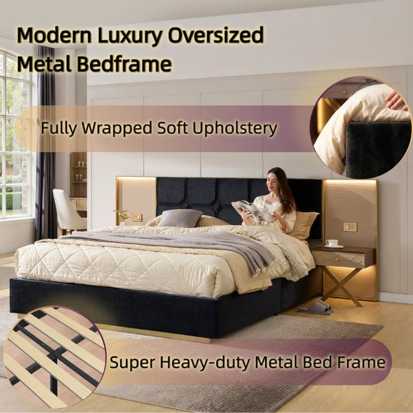 English Elm Luxurious Queen Bed Tufted Velvet Headboard with Floating Nightstands and LED Lamps W1793S00063