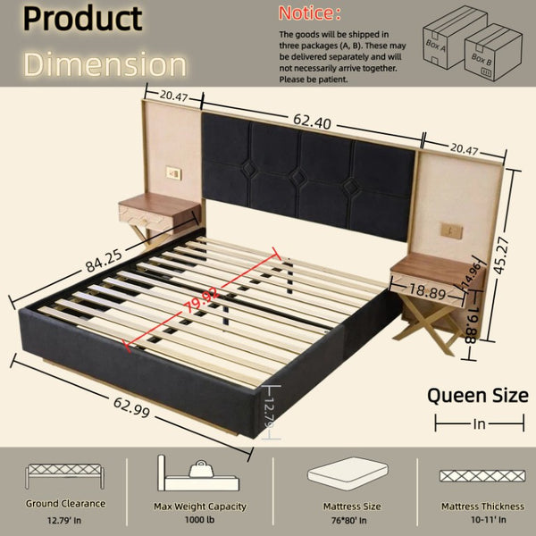 English Elm Luxurious Queen Bed Tufted Velvet Headboard with Floating Nightstands and LED Lamps W1793S00063