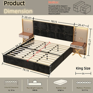 English Elm Luxurious King Velvet Tufted Platform Bed with Built-In Nightstands and LED Lamps W1793S00064