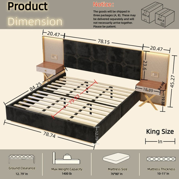 English Elm Luxurious King Velvet Tufted Platform Bed with Built-In Nightstands and LED Lamps W1793S00064