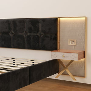 English Elm Luxurious King Velvet Tufted Platform Bed with Built-In Nightstands and LED Lamps W1793S00064