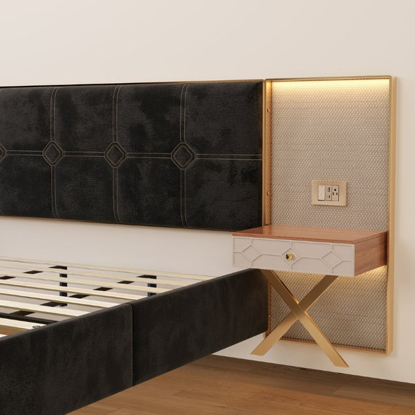 English Elm Luxurious King Velvet Tufted Platform Bed with Built-In Nightstands and LED Lamps W1793S00064