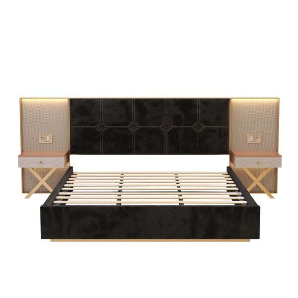 English Elm Luxurious King Velvet Tufted Platform Bed with Built-In Nightstands and LED Lamps W1793S00064