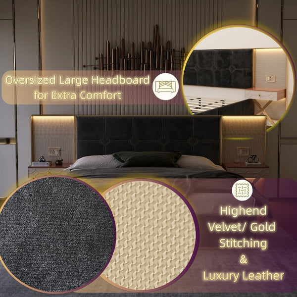 English Elm Luxurious King Velvet Tufted Platform Bed with Built-In Nightstands and LED Lamps W1793S00064