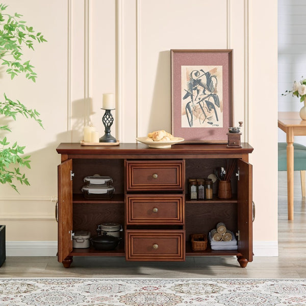 English Elm 47.3 Inch Mid Century Walnut Sideboard with Tapered Legs Three Drawers Dining Storage W1801P454078