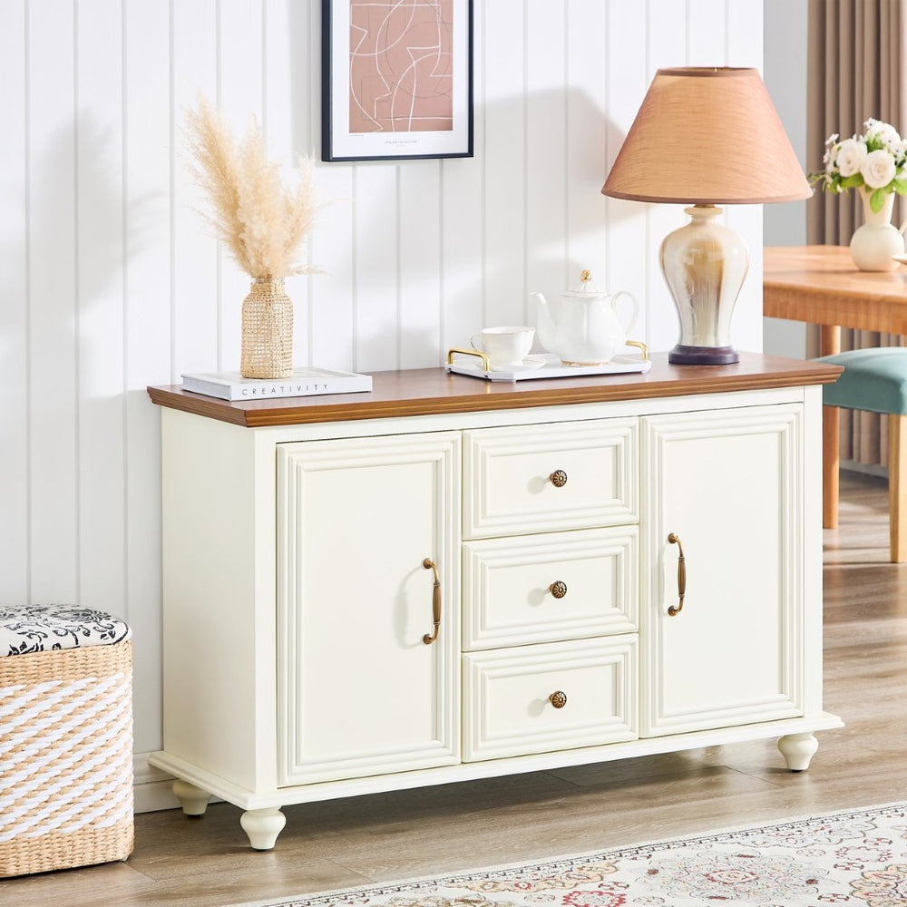 English Elm 47.3 Inch Mid-Century Sideboard with Tapered Legs Two-Tone Wood Finish and 3 Drawers W1801P454084