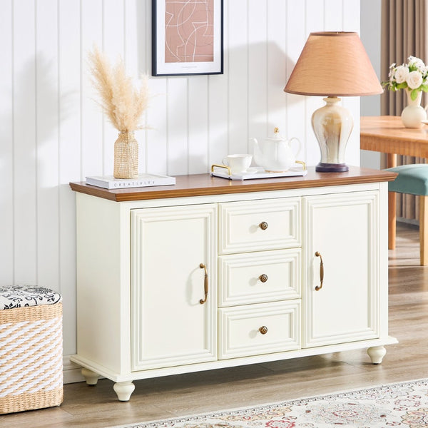 English Elm 47.3 Inch Mid-Century Sideboard with Tapered Legs Two-Tone Wood Finish and 3 Drawers W1801P454084