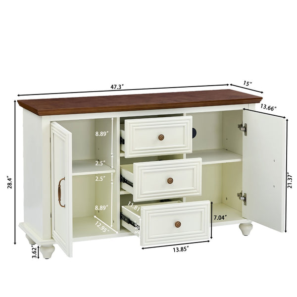 English Elm 47.3 Inch Mid-Century Sideboard with Tapered Legs Two-Tone Wood Finish and 3 Drawers W1801P454084