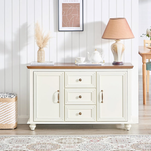 English Elm 47.3 Inch Mid-Century Sideboard with Tapered Legs Two-Tone Wood Finish and 3 Drawers W1801P454084