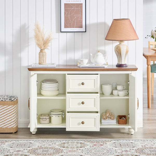 English Elm 47.3 Inch Mid-Century Sideboard with Tapered Legs Two-Tone Wood Finish and 3 Drawers W1801P454084