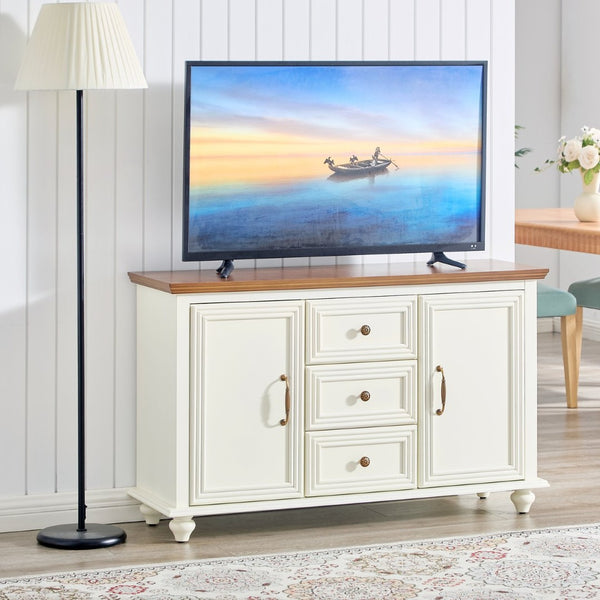 English Elm 47.3 Inch Mid-Century Sideboard with Tapered Legs Two-Tone Wood Finish and 3 Drawers W1801P454084