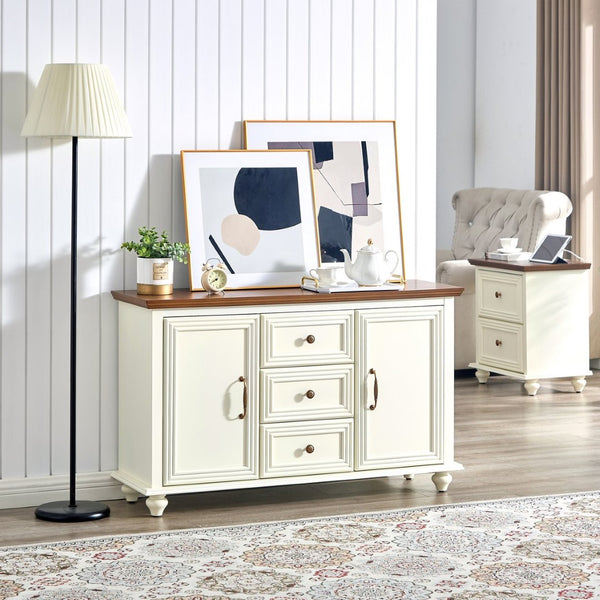 English Elm 47.3 Inch Mid-Century Sideboard with Tapered Legs Two-Tone Wood Finish and 3 Drawers W1801P454084