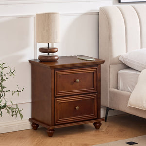 English Elm 22.9" Mid-century Fluted Nightstand with Built-in Charging Station and 2 Smooth Drawers Walnut W1801P454092