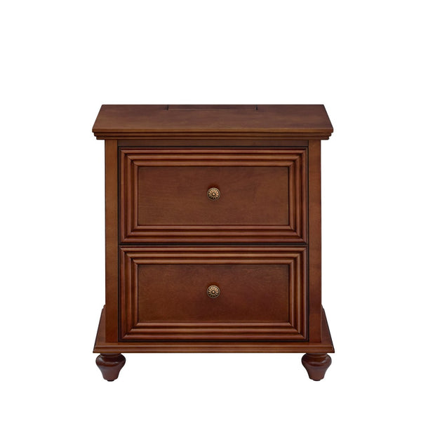 English Elm 22.9" Mid-century Fluted Nightstand with Built-in Charging Station and 2 Smooth Drawers Walnut W1801P454092