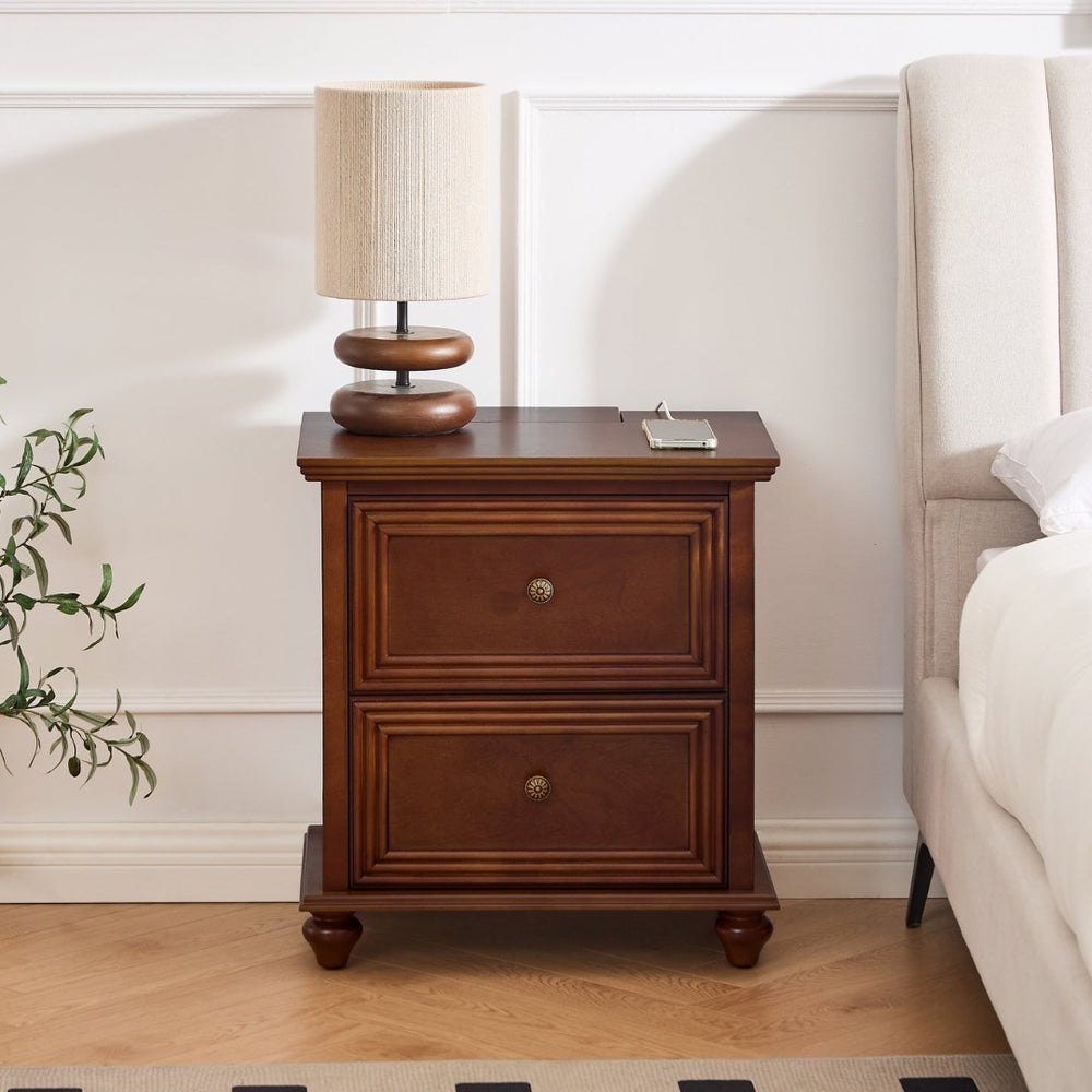 English Elm 22.9" Mid-century Fluted Nightstand with Built-in Charging Station and 2 Smooth Drawers Walnut W1801P454092