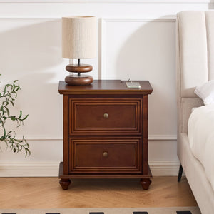 English Elm 22.9" Mid-century Fluted Nightstand with Built-in Charging Station and 2 Smooth Drawers Walnut W1801P454092