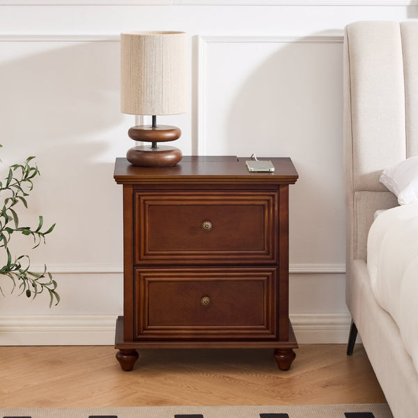 English Elm 22.9" Mid-century Fluted Nightstand with Built-in Charging Station and 2 Smooth Drawers Walnut W1801P454092