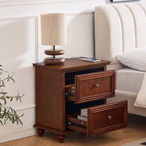 English Elm 22.9" Mid-century Fluted Nightstand with Built-in Charging Station and 2 Smooth Drawers Walnut W1801P454092