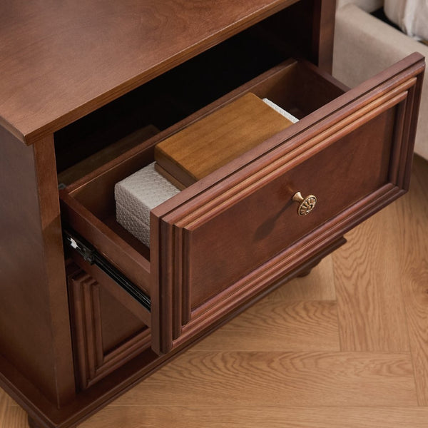 English Elm 22.9" Mid-century Fluted Nightstand with Built-in Charging Station and 2 Smooth Drawers Walnut W1801P454092