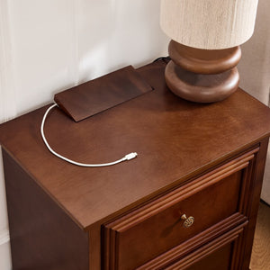 English Elm 22.9" Mid-century Fluted Nightstand with Built-in Charging Station and 2 Smooth Drawers Walnut W1801P454092
