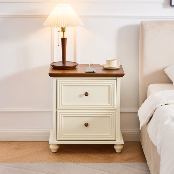English Elm 22.9" Mid-century Fluted Nightstand with Built-in Charging Station and 2 Smooth Drawers Brown+White W1801P454167
