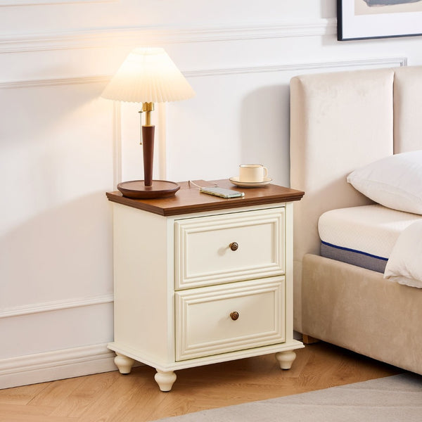 English Elm 22.9" Mid-century Fluted Nightstand with Built-in Charging Station and 2 Smooth Drawers Brown+White W1801P454167