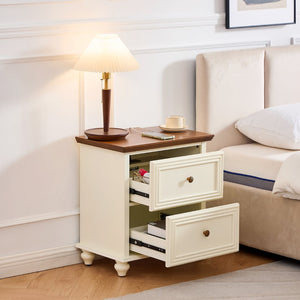 English Elm 22.9" Mid-century Fluted Nightstand with Built-in Charging Station and 2 Smooth Drawers Brown+White W1801P454167