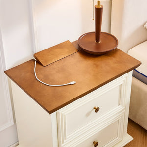 English Elm 22.9" Mid-century Fluted Nightstand with Built-in Charging Station and 2 Smooth Drawers Brown+White W1801P454167