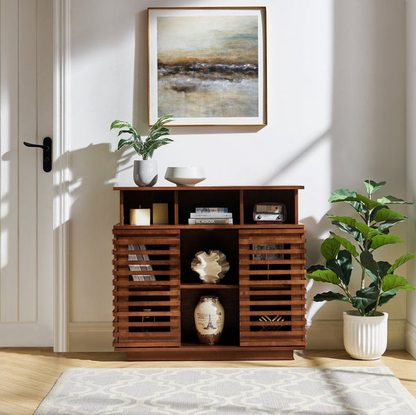 English Elm 36.1" Farmhouse Sideboard Lattice Sliding Doors Mdf Media Console with Adjustable Shelf Walnut W1801P457800