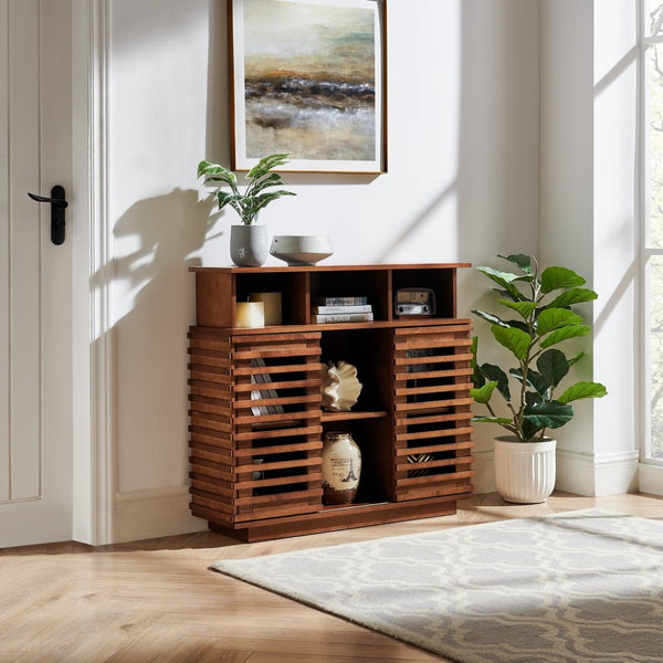 English Elm 36.1" Farmhouse Sideboard Lattice Sliding Doors Mdf Media Console with Adjustable Shelf Walnut W1801P457800