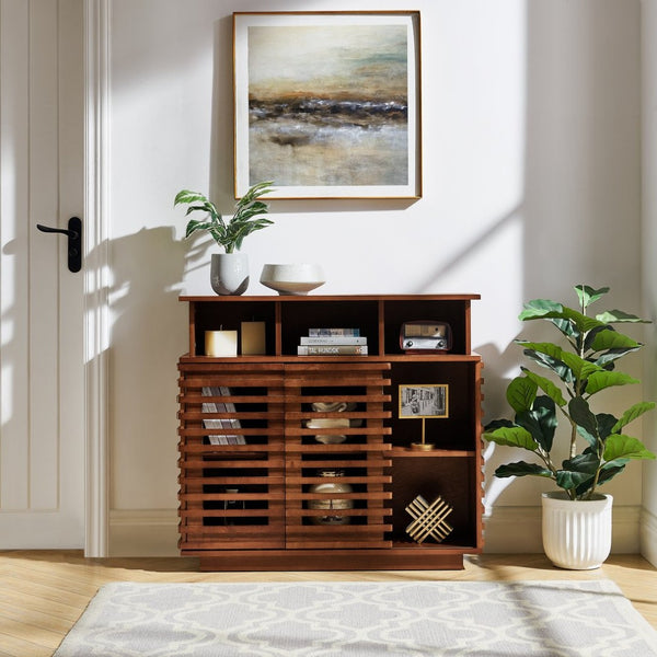 English Elm 36.1" Farmhouse Sideboard Lattice Sliding Doors Mdf Media Console with Adjustable Shelf Walnut W1801P457800