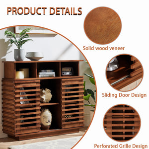 English Elm 36.1" Farmhouse Sideboard Lattice Sliding Doors Mdf Media Console with Adjustable Shelf Walnut W1801P457800