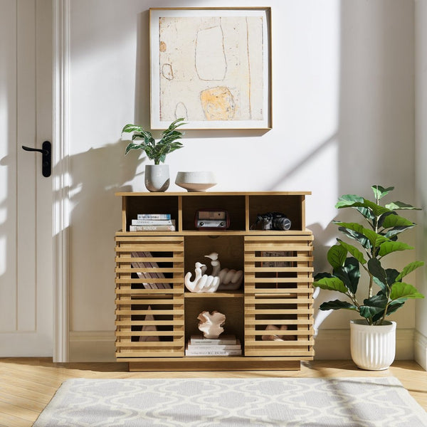 English Elm 36.1" Farmhouse Sideboard Lattice Sliding Doors Mdf Media Console with Adjustable Shelf Natural Wood W1801P457801