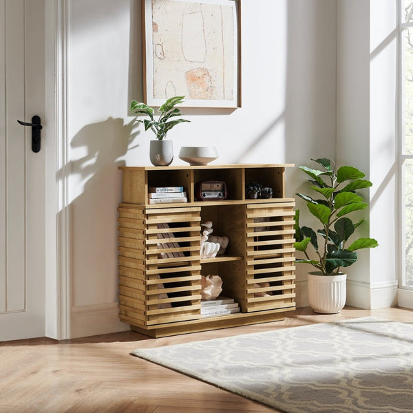 English Elm 36.1" Farmhouse Sideboard Lattice Sliding Doors Mdf Media Console with Adjustable Shelf Natural Wood W1801P457801