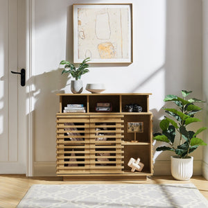 English Elm 36.1" Farmhouse Sideboard Lattice Sliding Doors Mdf Media Console with Adjustable Shelf Natural Wood W1801P457801