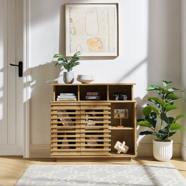 English Elm 36.1" Farmhouse Sideboard Lattice Sliding Doors Mdf Media Console with Adjustable Shelf Natural Wood W1801P457801