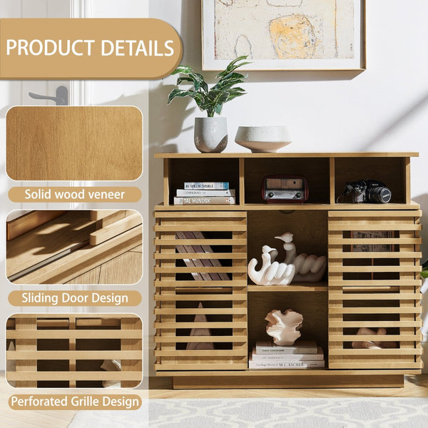 English Elm 36.1" Farmhouse Sideboard Lattice Sliding Doors Mdf Media Console with Adjustable Shelf Natural Wood W1801P457801