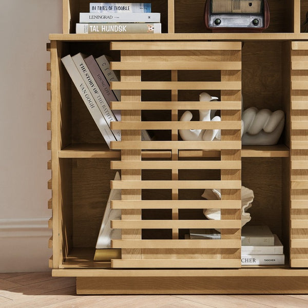 English Elm 36.1" Farmhouse Sideboard Lattice Sliding Doors Mdf Media Console with Adjustable Shelf Natural Wood W1801P457801
