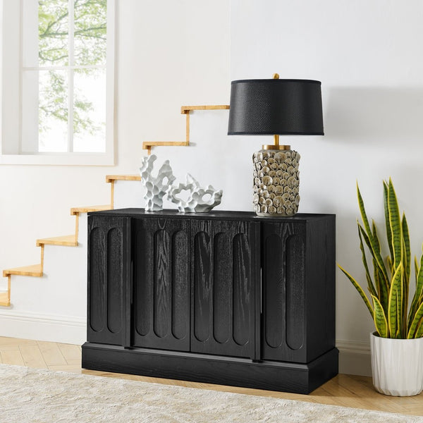 English Elm Mid Century Fluted Sideboard with Adjustable Interior Shelving for Dining Entryway Spaces Black W1801P457805