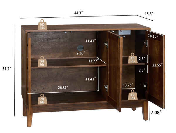 English Elm 44.3'' Mid-century Fluted Sideboard with Push Open Doors and Adjustable Interior Shelving Walnut W1801P457806
