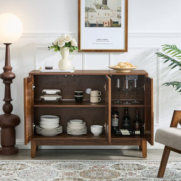 English Elm 44.3'' Mid-century Fluted Sideboard with Push Open Doors and Adjustable Interior Shelving Walnut W1801P457806