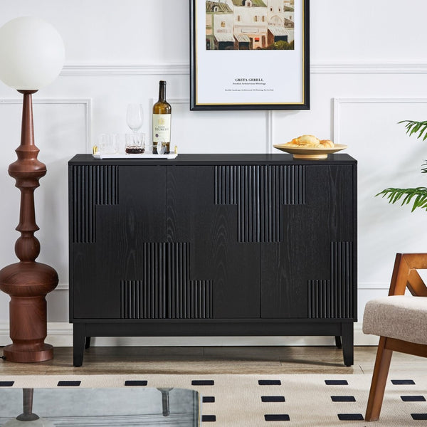 English Elm 44.3'' Mid-century Fluted Sideboard with Push Open Doors and Adjustable Interior Shelving Black W1801P457807