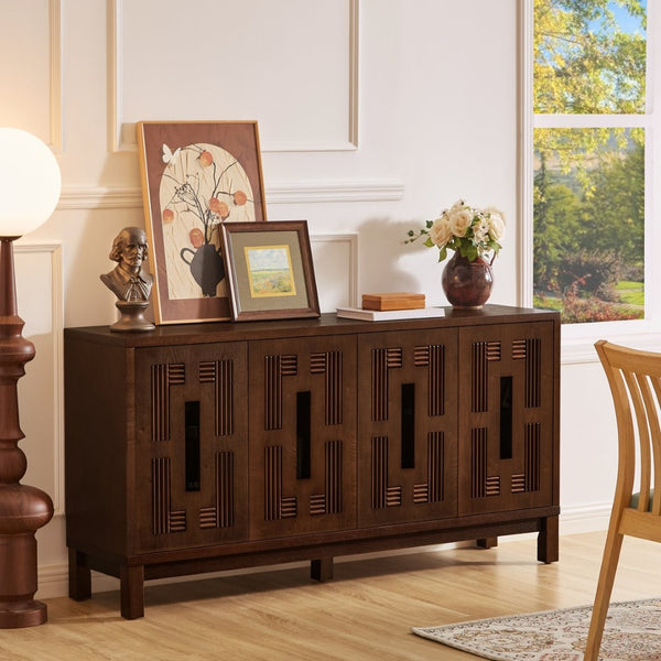 English Elm 60.7" Mid-century Sideboard with Carved Openwork Doors and Adjustable Shelves for Living Walnut W1801P467885