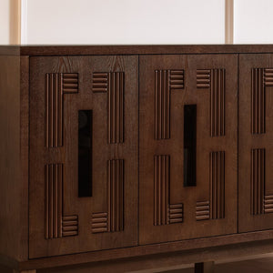 English Elm 60.7" Mid-century Sideboard with Carved Openwork Doors and Adjustable Shelves for Living Walnut W1801P467885