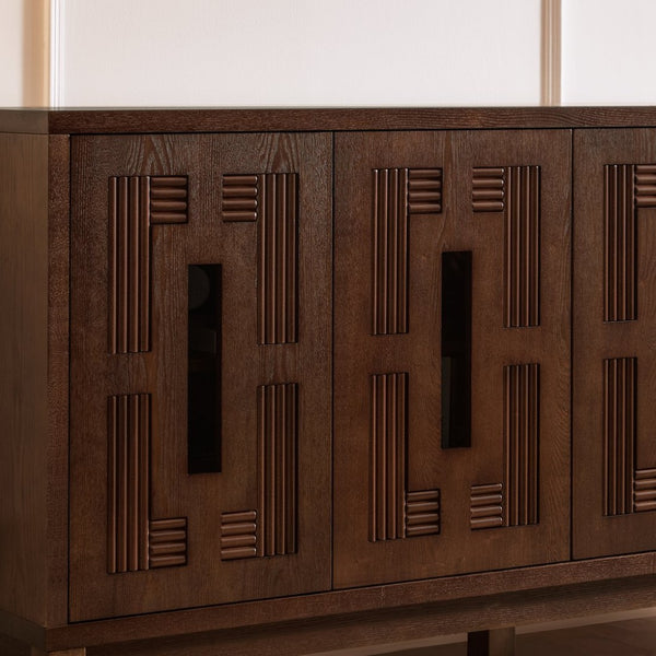 English Elm 60.7" Mid-century Sideboard with Carved Openwork Doors and Adjustable Shelves for Living Walnut W1801P467885