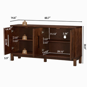 English Elm 60.7" Mid-century Sideboard with Carved Openwork Doors and Adjustable Shelves for Living Walnut W1801P467885