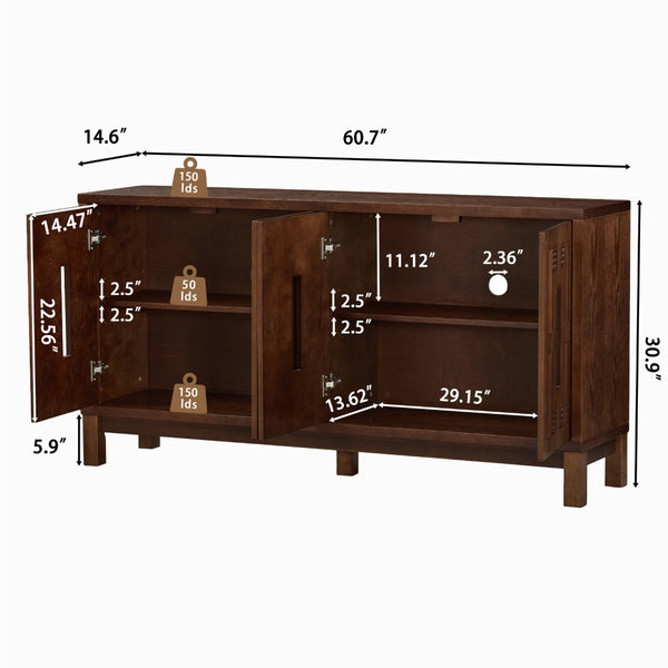English Elm 60.7" Mid-century Sideboard with Carved Openwork Doors and Adjustable Shelves for Living Walnut W1801P467885