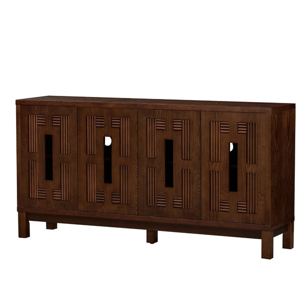 English Elm 60.7" Mid-century Sideboard with Carved Openwork Doors and Adjustable Shelves for Living Walnut W1801P467885