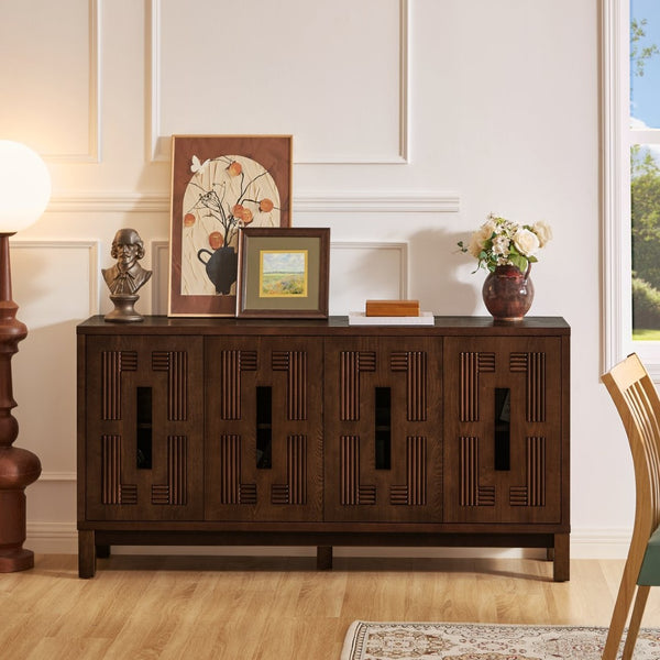 English Elm 60.7" Mid-century Sideboard with Carved Openwork Doors and Adjustable Shelves for Living Walnut W1801P467885